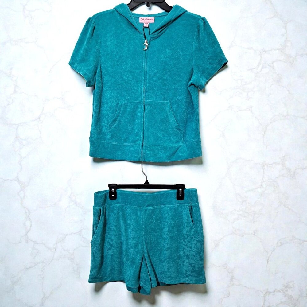 Juicy Couture Women's Large (12-14) 2pc Coastal Teal Terry Cloth Short Set NWT